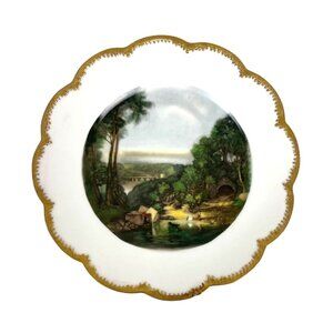 Vintage Haviland Limoges France Scalloped Scenery Gold Edge Forest Dog People Gr